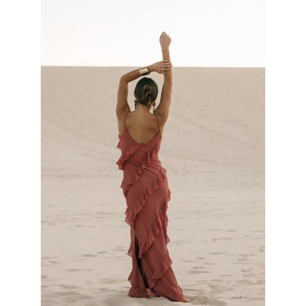 PETAL & PUP Ciao Ruffle Chiffon Gown in Rosewood Size Small - Picture 8 of 8